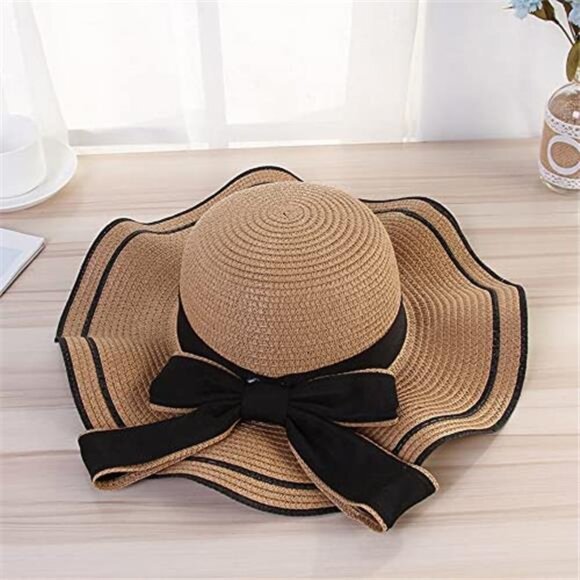 Women\'s Wide Brim Straw Hat Sun Protection Hat Floppy Hat with Bowknot